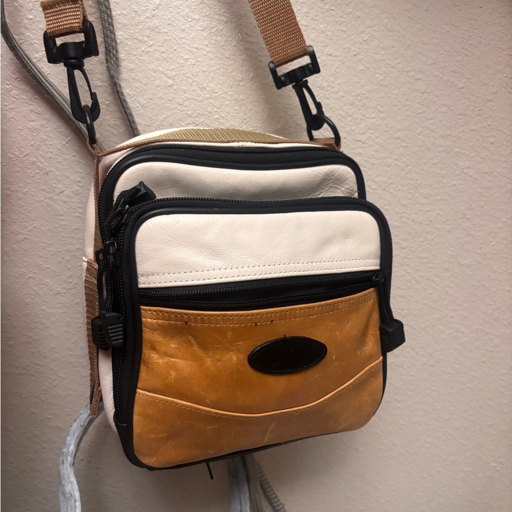 Two-Tone Cream and Tan Travel Crossbody Bag with Black Trim